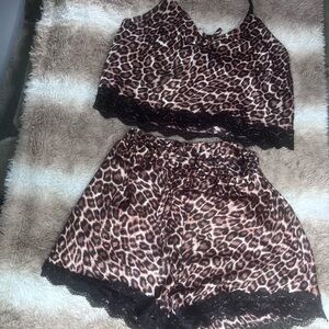 Leopard Print Pajama Set with Black Lace Trim